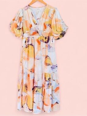 NWOT Jessica Simpson Abstract Multicolor Maxi Dress S V-Neck Puff Sleeve Flaw